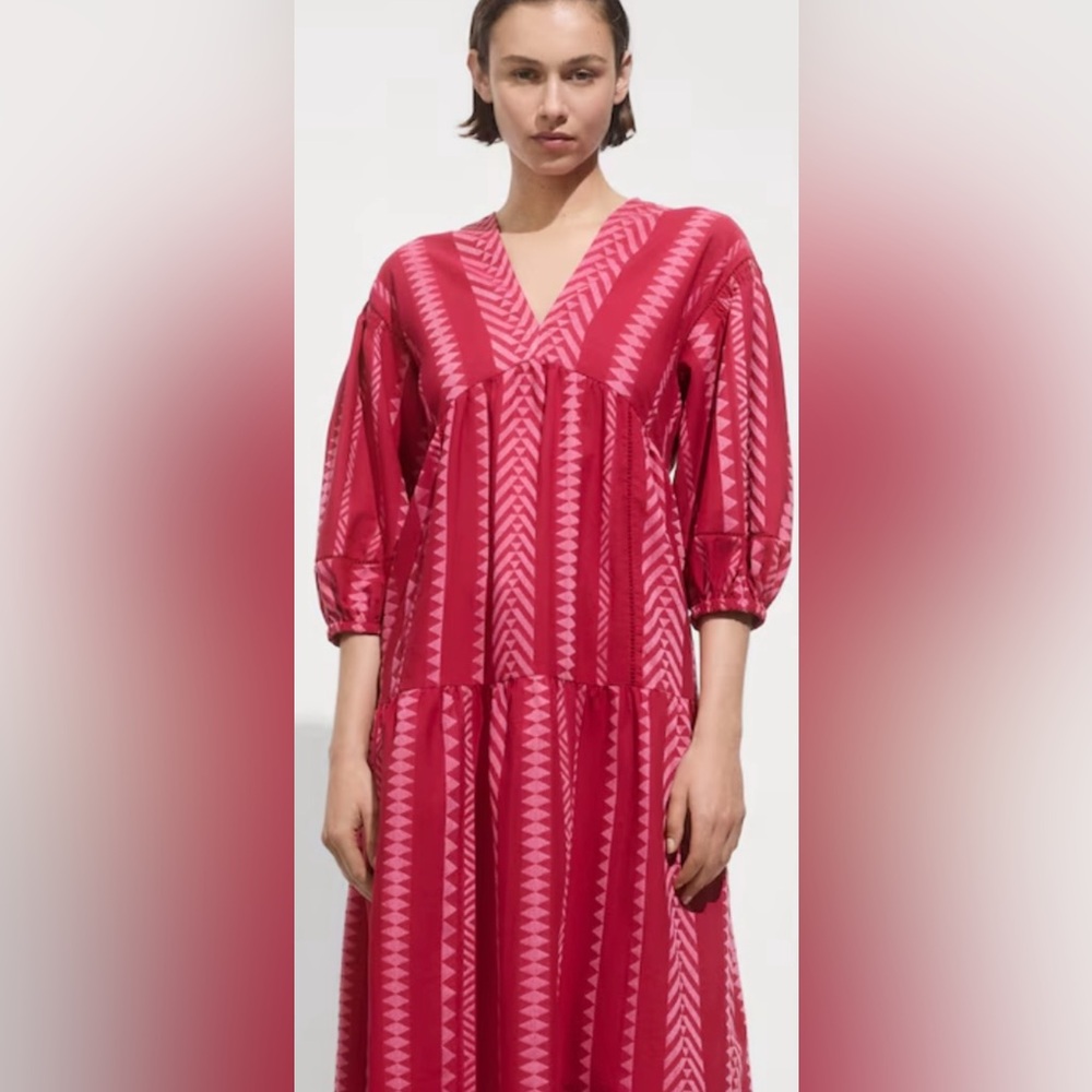 Mango Red Geometric Long Sleeve Dress